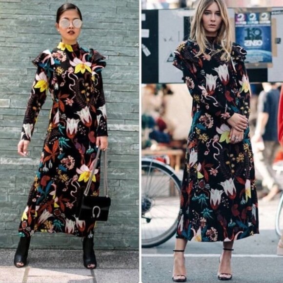 H&M Dresses & Skirts - H&M Floral Sheath Dress with Mandarin Collar and Long Flutter Sleeves Size 4